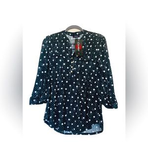 NWT Cocomo black and white spotted 3/4 roll tab sleeves top blouse shirt size S